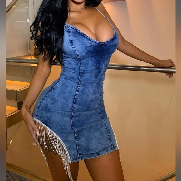Dresses | Denim Rhinestone Mini | Poshmark